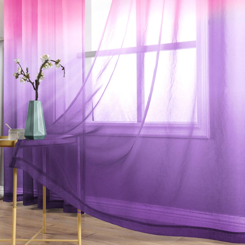 KOUFALL Purple and Hot Pink Sheer Curtains 2 Panels 84 Inches Long,Preppy Princess Coquette Curtains for Teen Girls Bedroom - Image 3